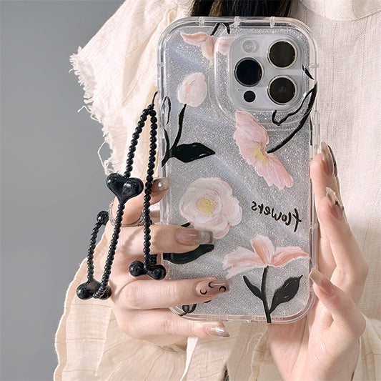 Black and Peach Flower Camera Bumper iPhone Case with Charm